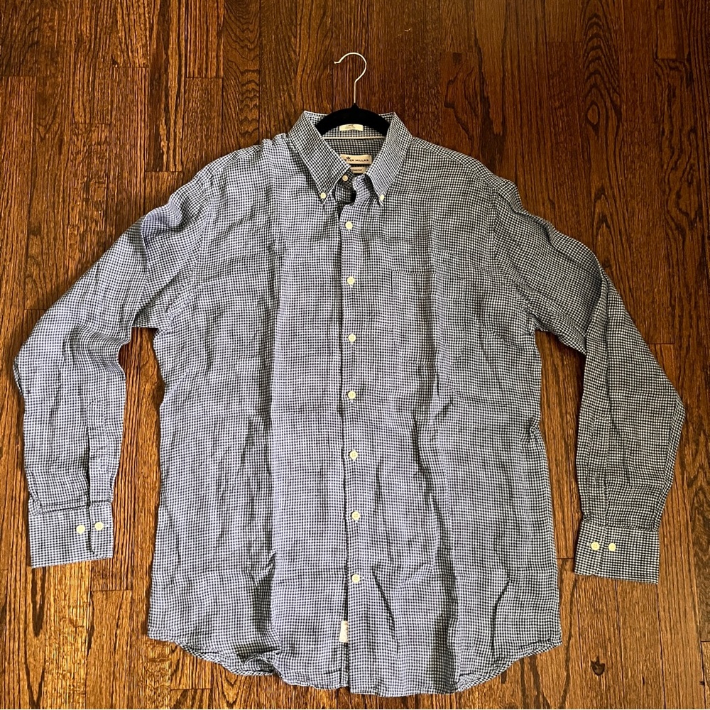 Peter Millar Button Down Shirt Mens Large 100% Linen Crown Cool Blue Che…